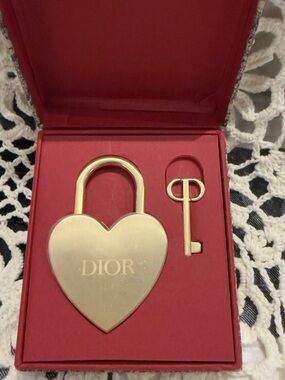 Dior Gold Heart Padlock and Key in Red Presentation